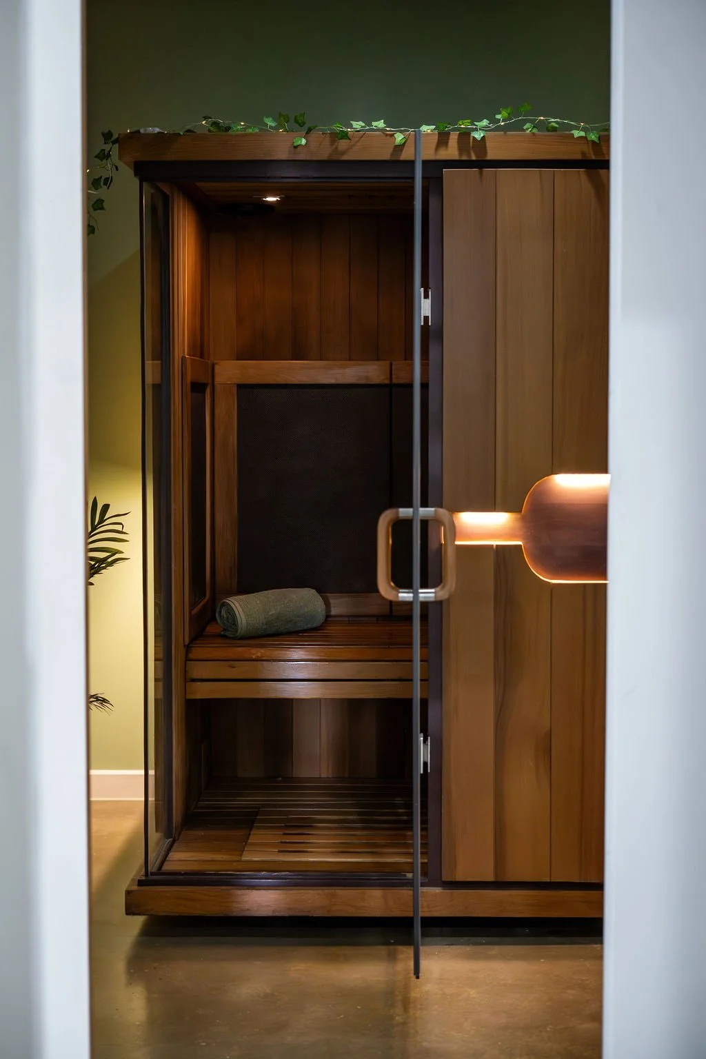 A wooden infrared sauna with glass doors, a rolled towel inside, and green plants on top.
