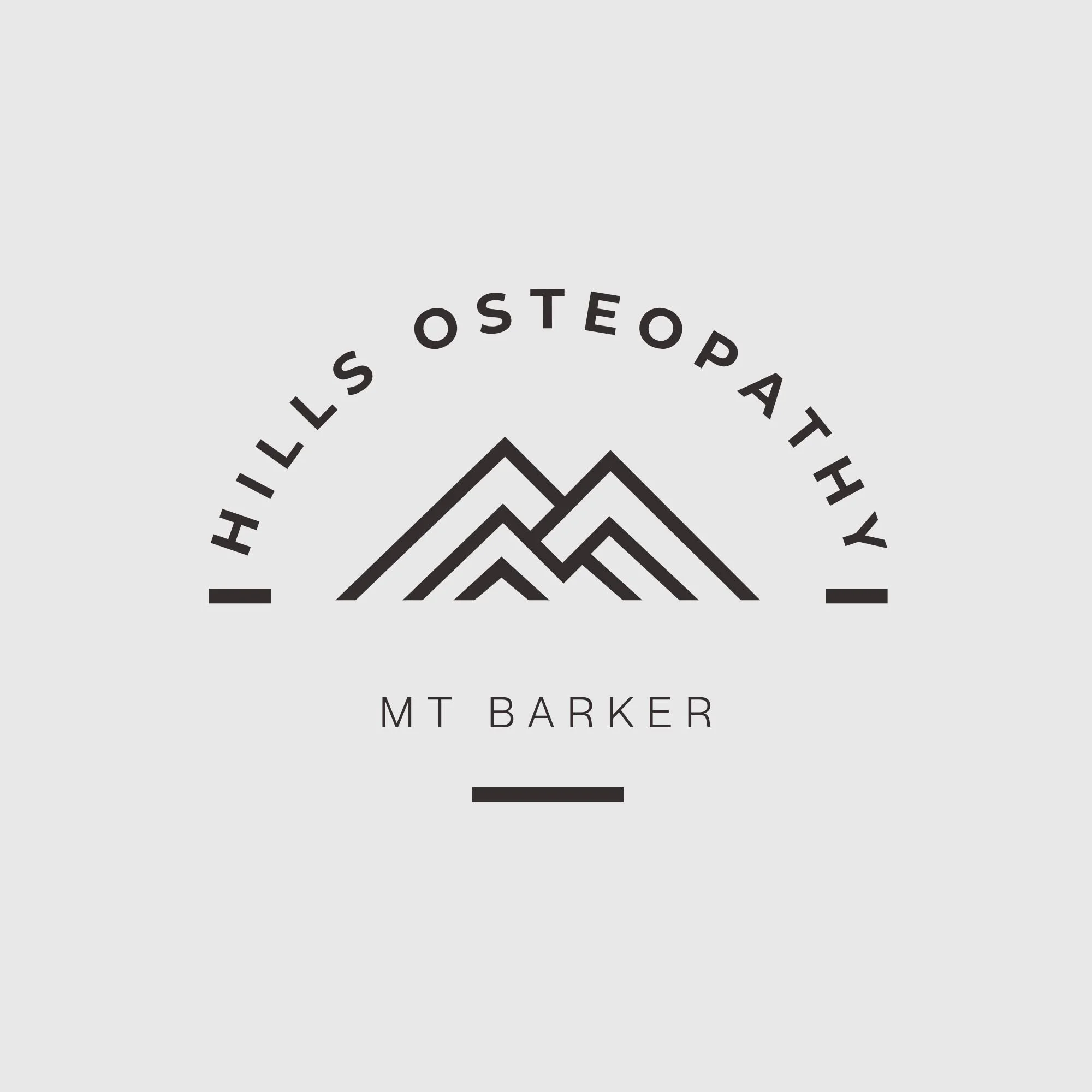 Logo featuring mountain peaks with the text "HILLS OSTEOPATHY" arc-shaped above the peaks and "MT BARKER" below.