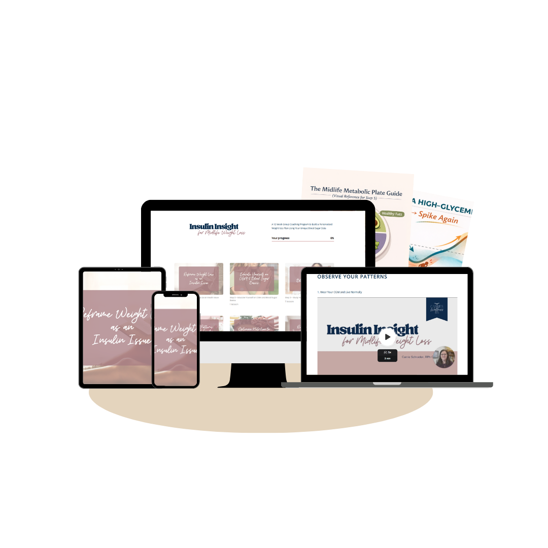 Digital devices displaying the 'Insulin Insight for Middle Weight Loss' program, including a computer monitor, a laptop, tablet, and smartphones, with various informational graphics and guides related to insulin and weight management.