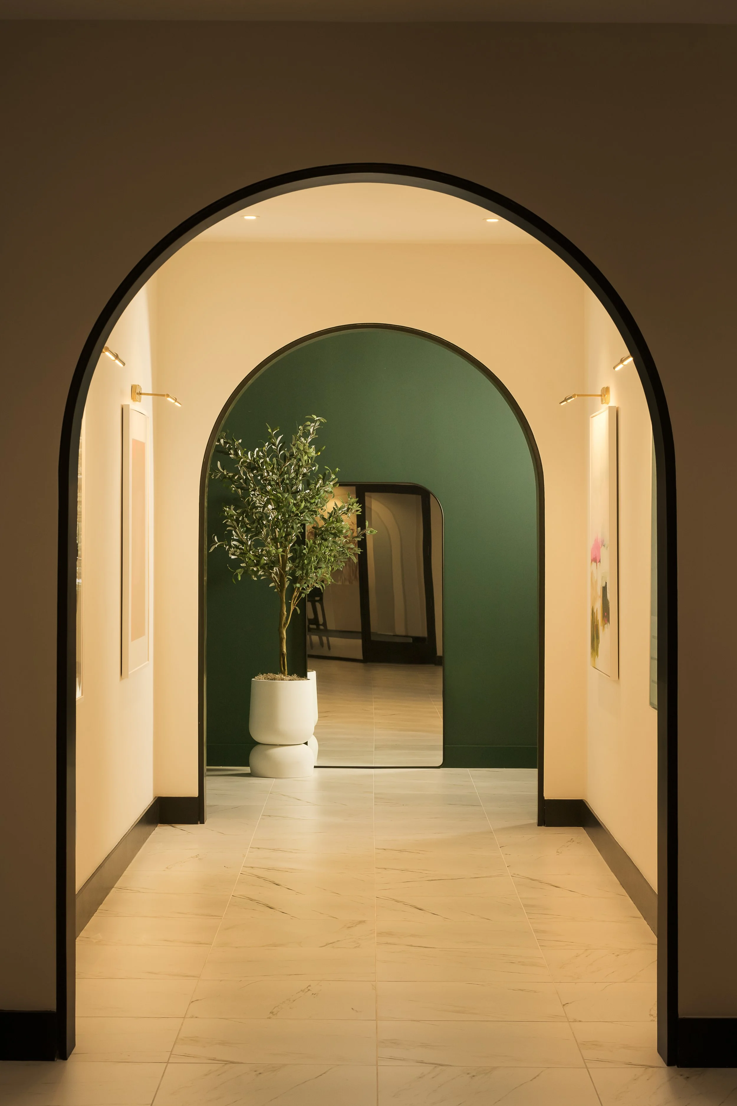Cream-toned corridor with dramatic green arched wall and olive tree detail — luxury boutique apartment architecture photography, Fort Lauderdale FL