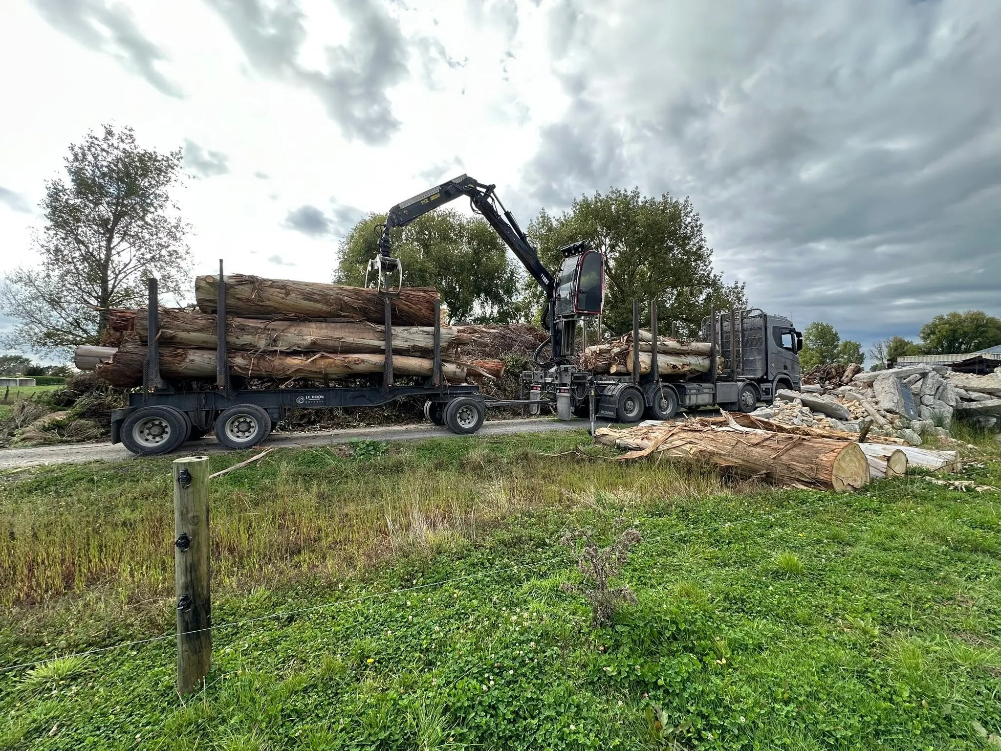 A black logging truck and a log loader lifting logs onto the truck's flatbed. There are trees and a cloudy sky in the background.