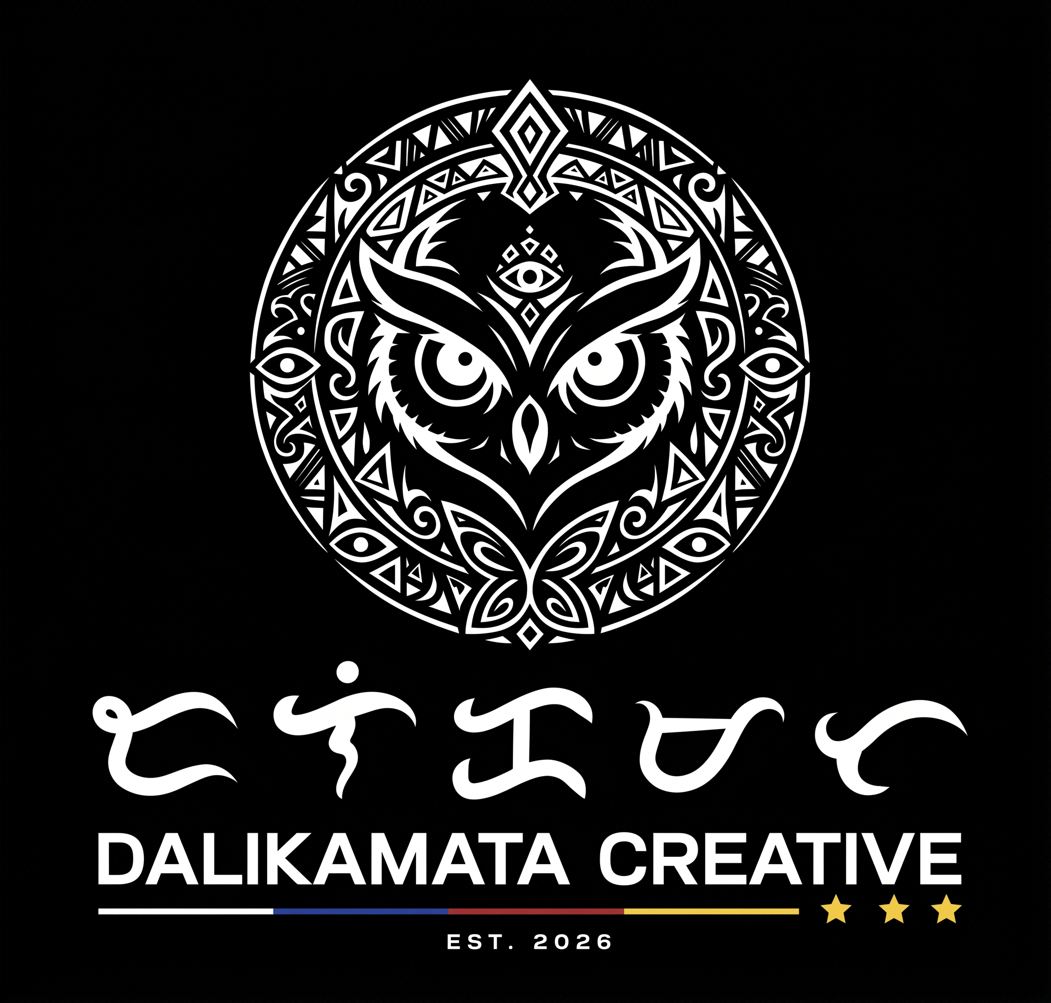 Black and white logo with a stylized owl face inside a circular tribal design. Text below reads 'Dalikamata Creative' with 'Est. 2026' underneath and three stars to the right.