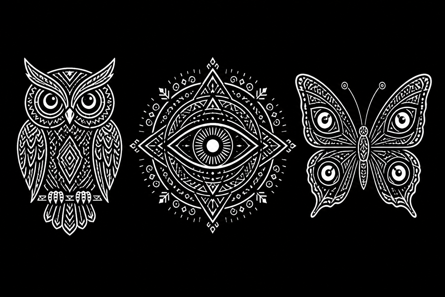 White line art illustrations of an owl, an eye, and a butterfly on a black background.