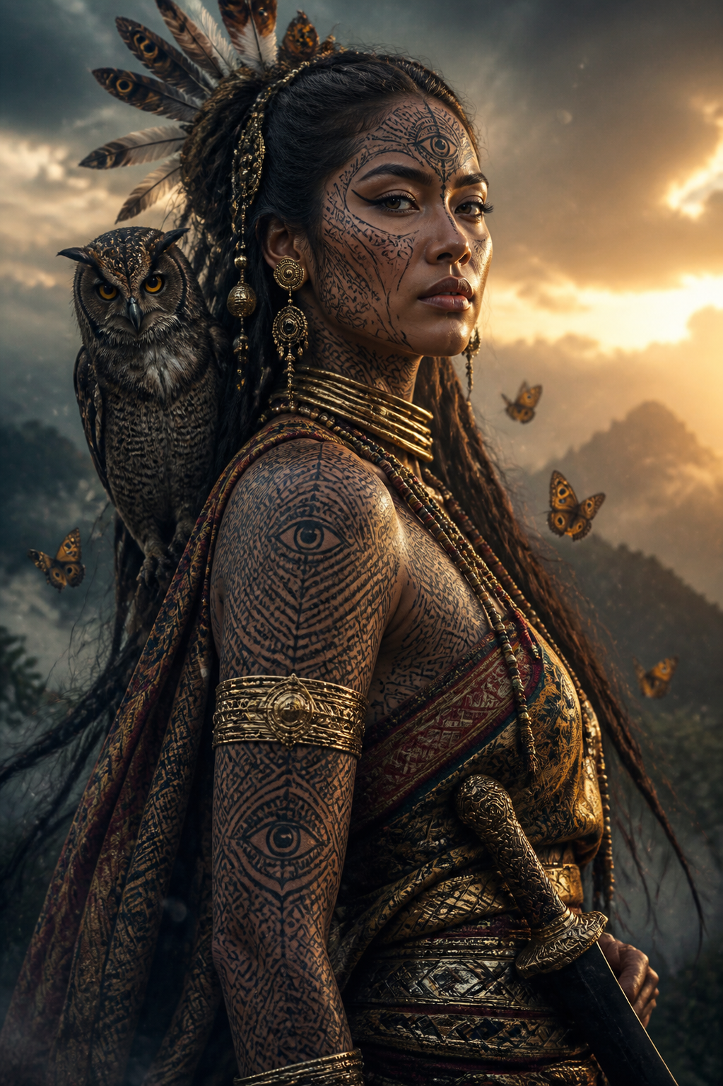 A woman with elaborate tribal-style face and body tattoos, gold jewelry, and a feathered headdress stands outdoors at sunset. An owl perches on her shoulder and butterflies fly around her, with mountains and a cloudy sky in the background.