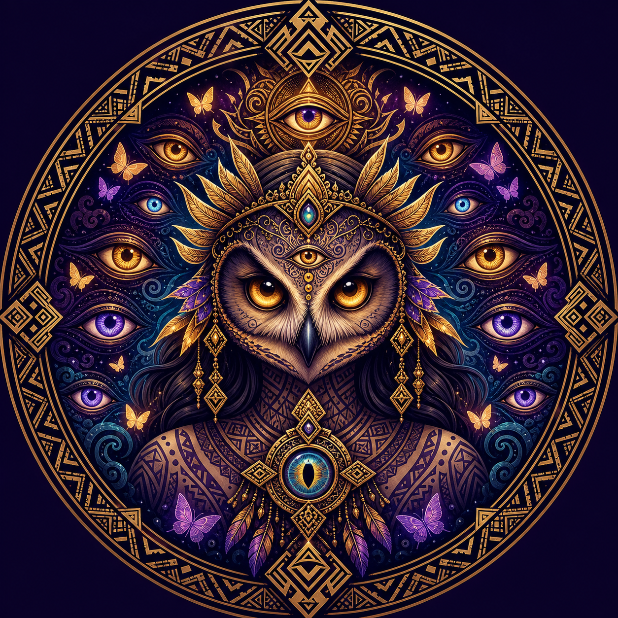 A mystical, detailed digital artwork featuring an owl with multiple eyes, surrounded by butterfly motifs, gold geometric patterns, and an intricate circular border.