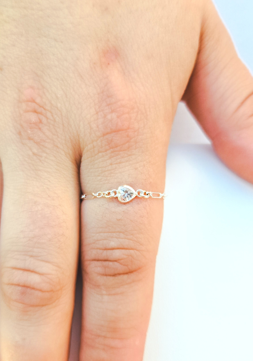 A close-up of a hand wearing a silver ring with a small round gemstone on the ring finger.