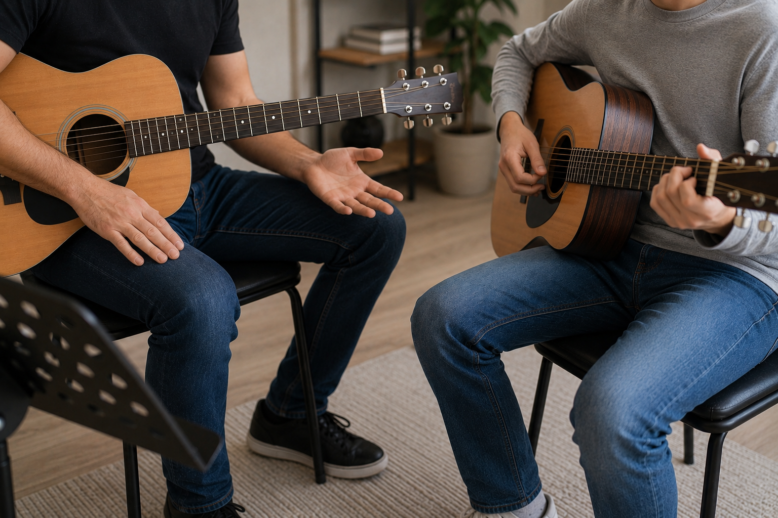 Two people playing acoustic guitars while sitting in a room.