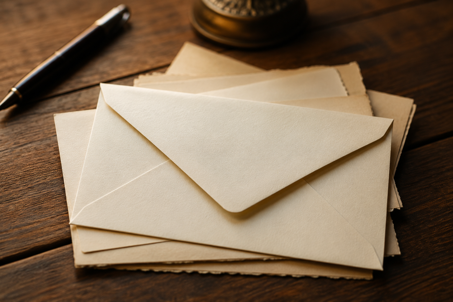 A stack of beige envelopes on a wooden table, with a black pen and a glass jar in the background.