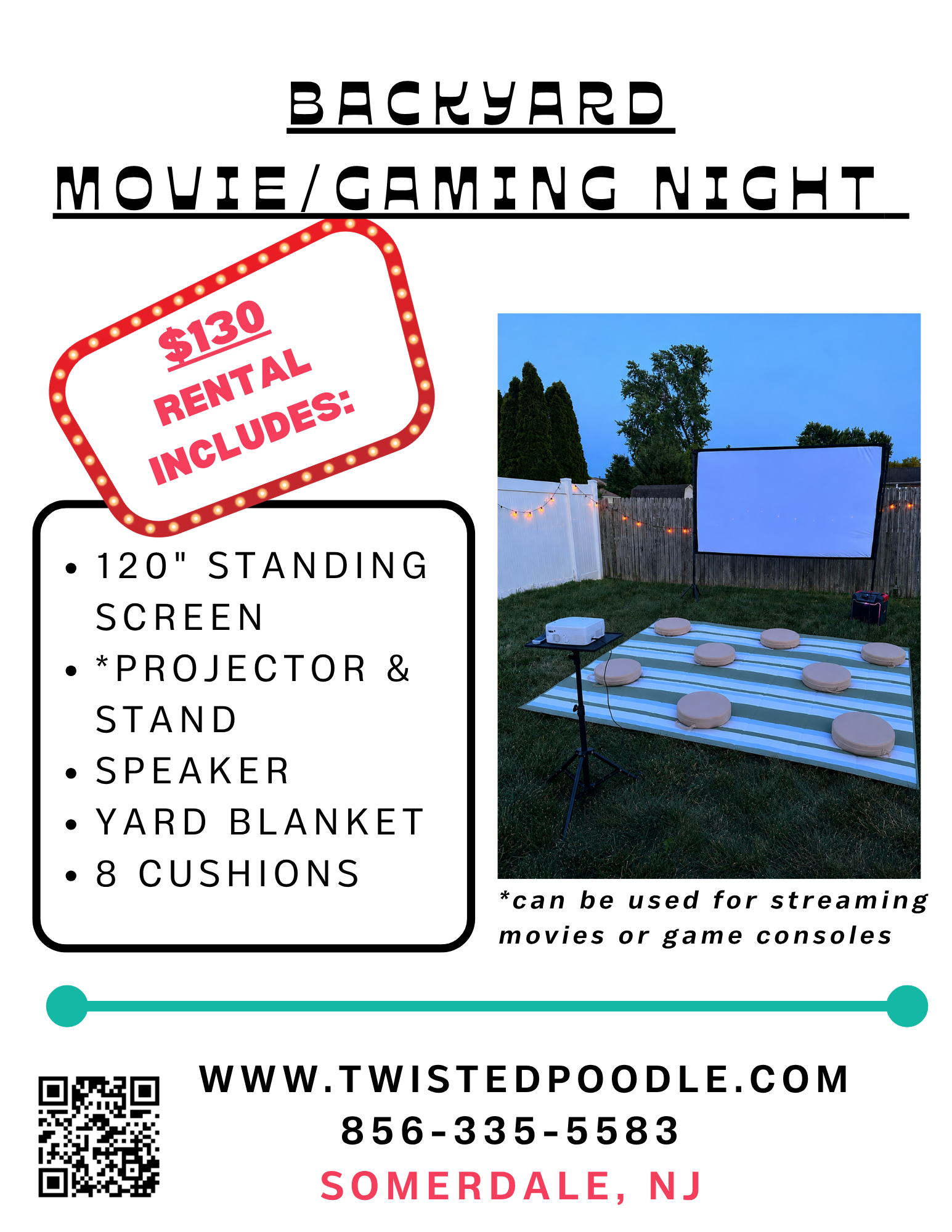 A backyard movie and gaming night setup with a large outdoor screen, projector, floor cushions, yard blanket, and speaker, with string lights and trees in the background.