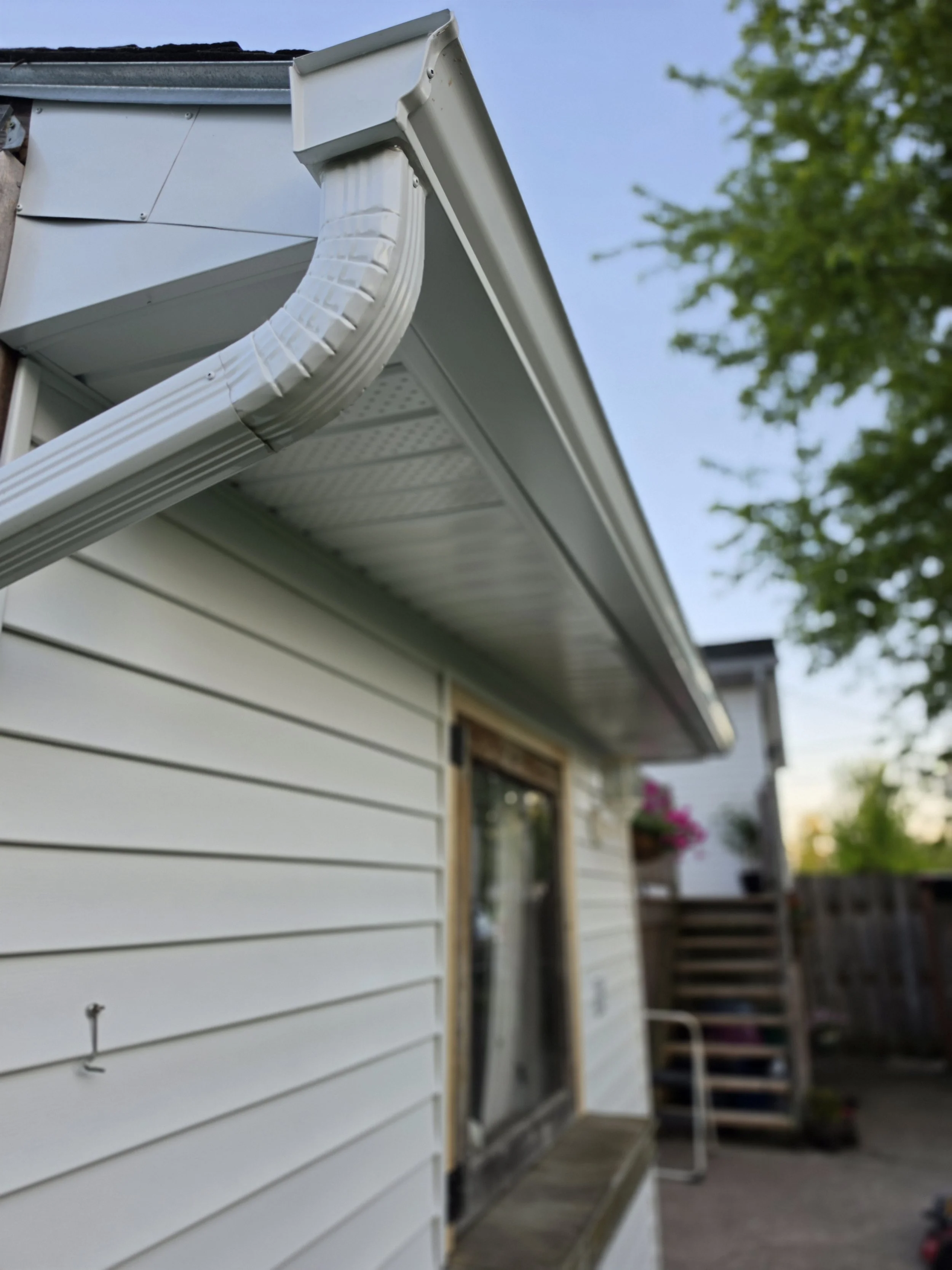 Close-up of house's gutter and downspout near the side wall with siding, with a blurred background of a backyard, fence, and greenery.