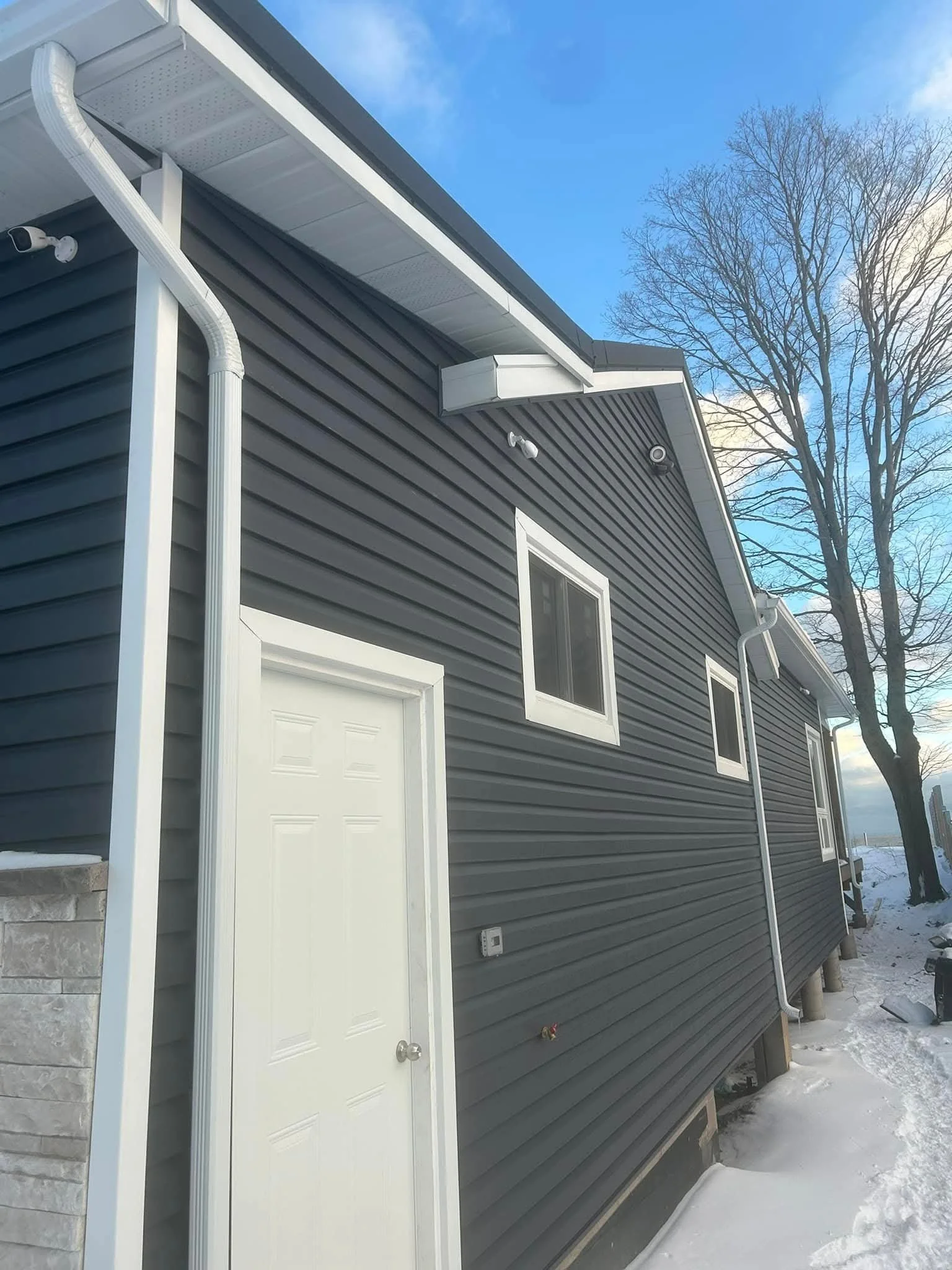 Side view of a house with dark gray vinyl siding, multiple white-framed windows, a white garage door, white gutter system, and snow on the ground and roof, with a large leafless tree in the background under a blue sky.