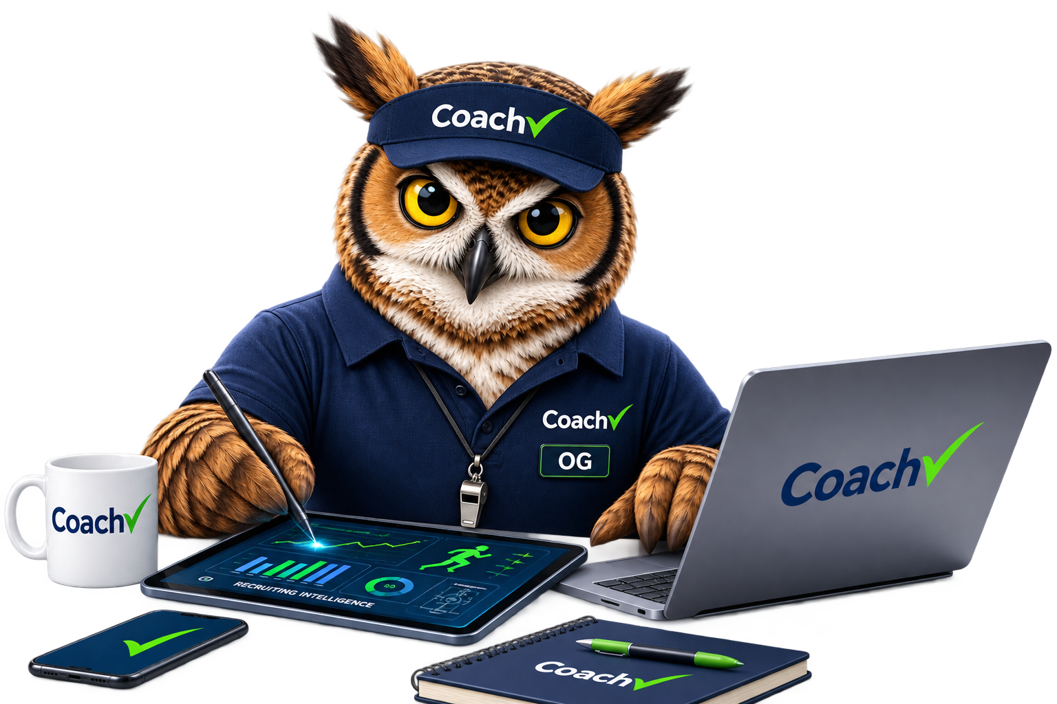 OG, CoachChecK’s owl recruiting specialist, reviewing recruiting intelligence on a tablet beside a laptop.