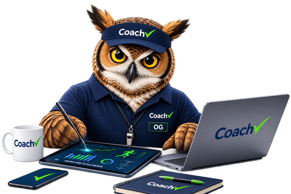 OG, CoachCheck’s owl recruiting specialist, investigating at his desk.