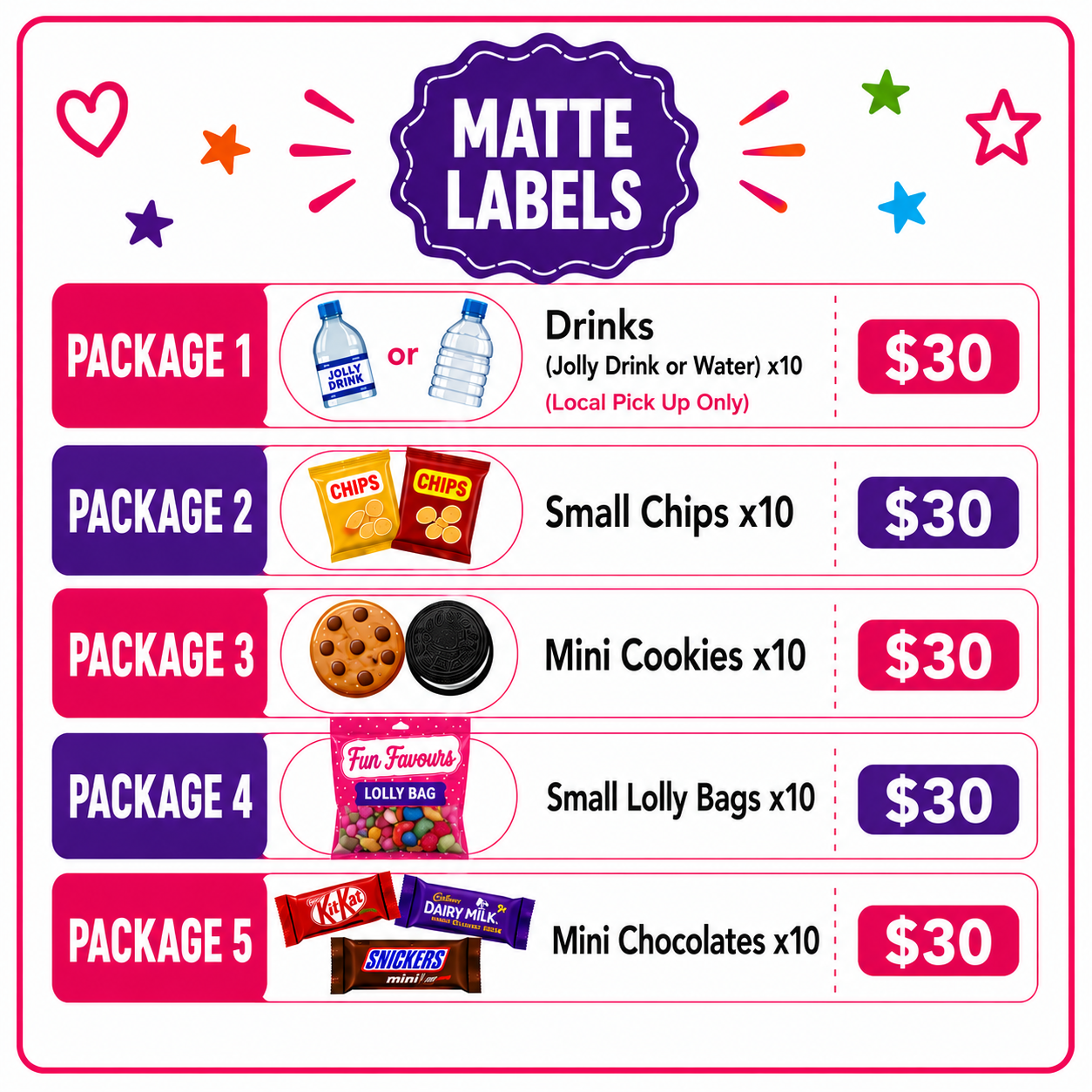 Individual items in Matte Labels