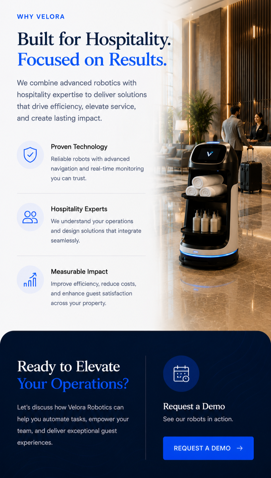 A promotional display for Velora Robotics, highlighting their hotel automation solutions with a sleek robot in the lobby carrying towels and bottles, and staff in the background.