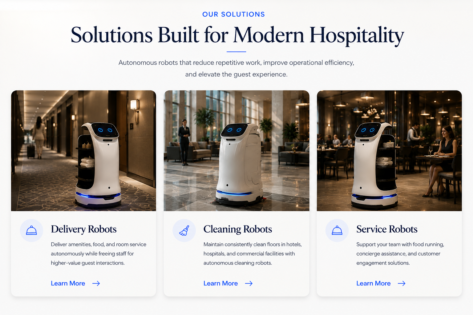 Three images of service robots in a hotel lobby, with descriptions for delivery, cleaning, and service functions.