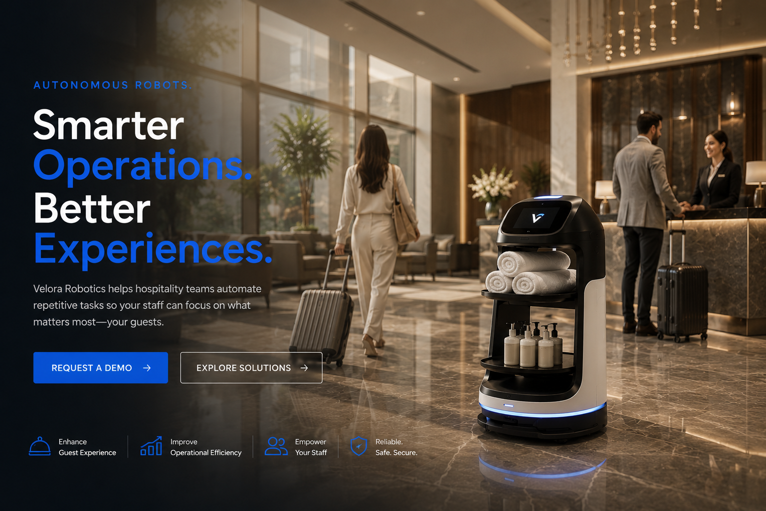 A robot with towels and bottles on a shelf in a hotel lobby, with guests at the reception desk in the background.