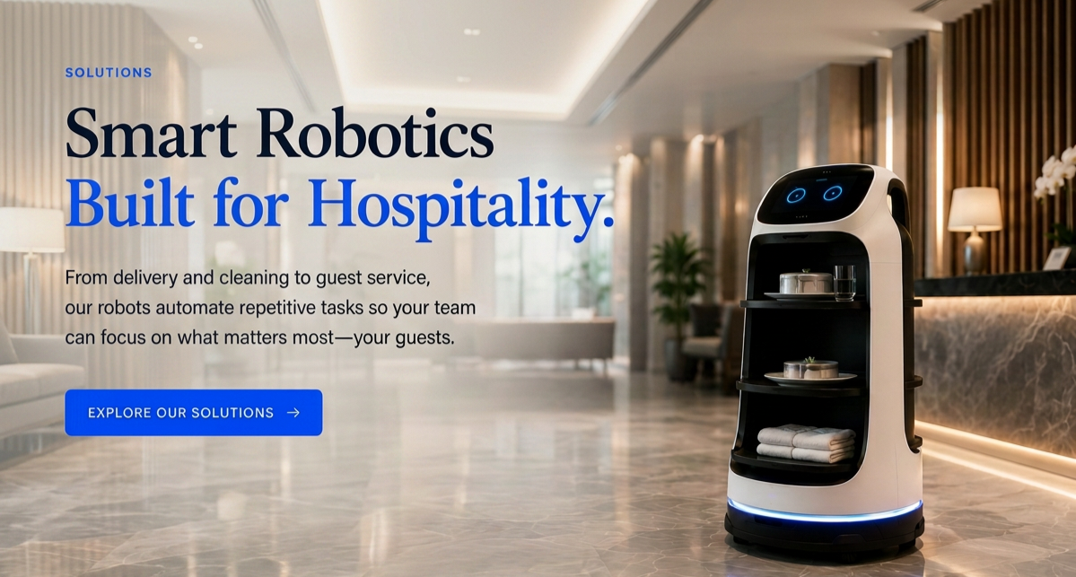 A robot serving guest service in a hotel lobby with a sleek, modern design, shelves with towels and supplies, and ambient lighting.