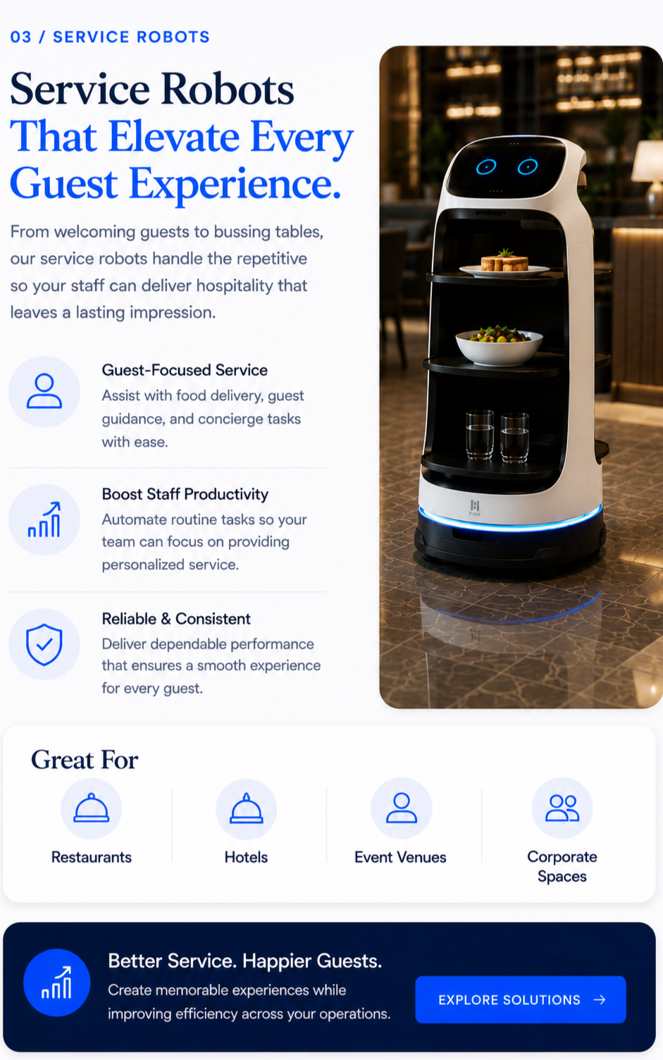 A service robot with a humanoid face and shelves, serving food and drinks in a restaurant or hotel setting.