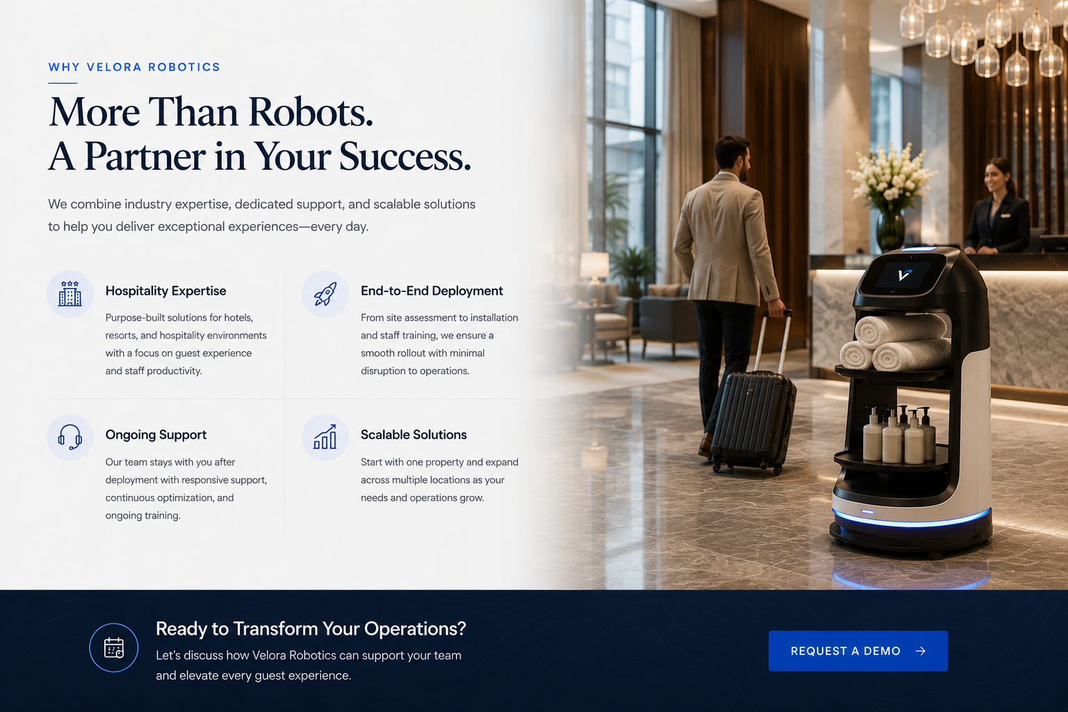 A hotel lobby with a man pulling a suitcase and a robot with towels and bottles, and a receptionist standing behind a counter.