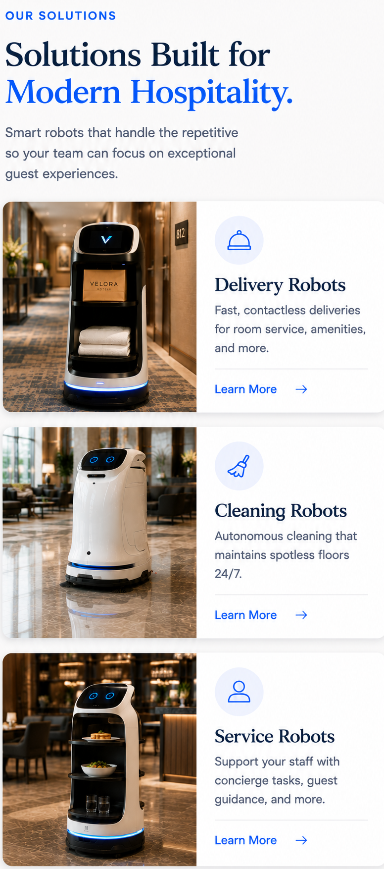 A website showcasing three different types of hotel service robots: a delivery robot in a hotel corridor, a cleaning robot on a shiny floor in a lobby, and a service robot with shelves holding food and drinks in a hotel lobby.