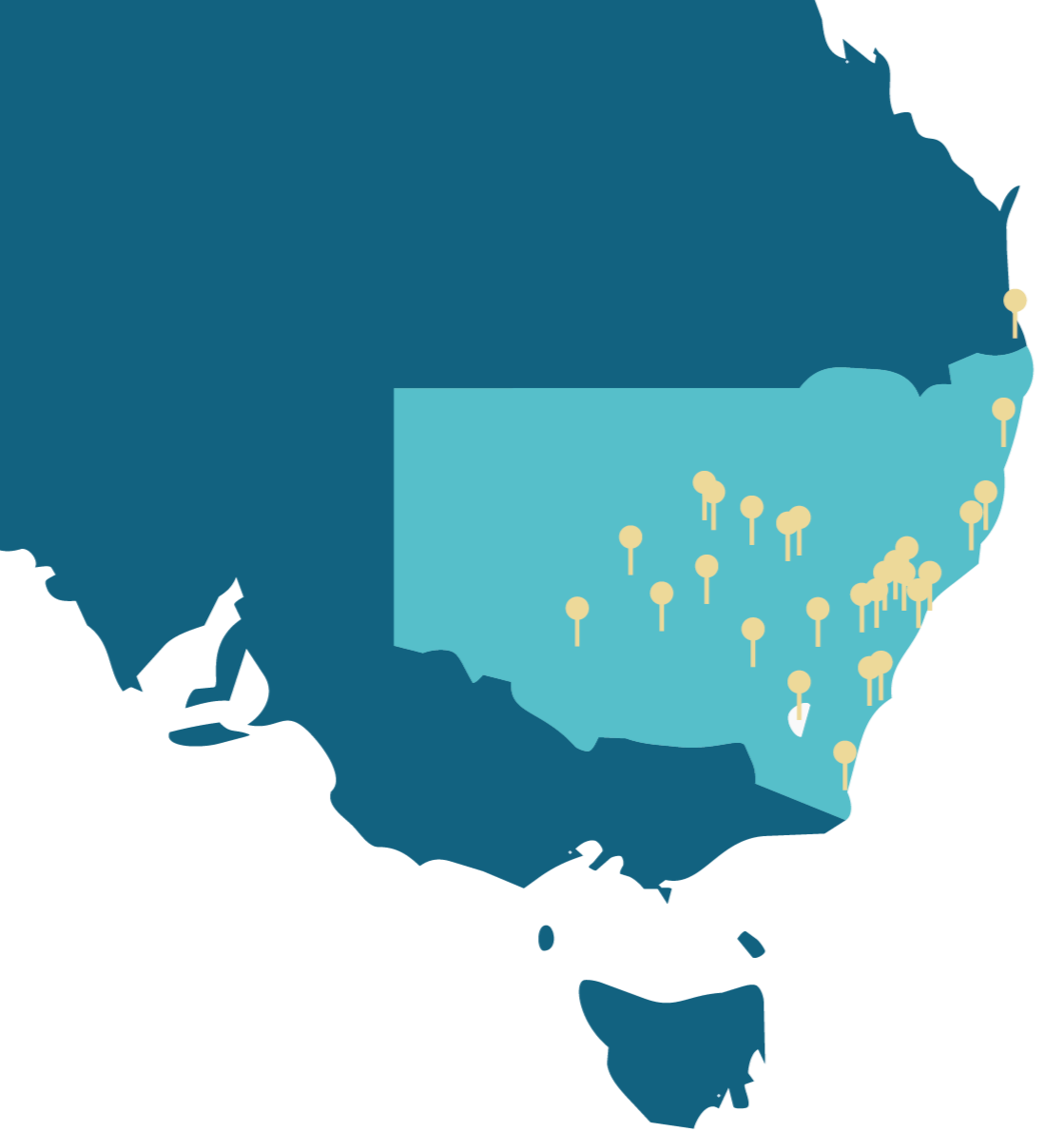 Map of the United States highlighting several locations with pins indicating points of interest or population centers, with a focus on the southeastern region.