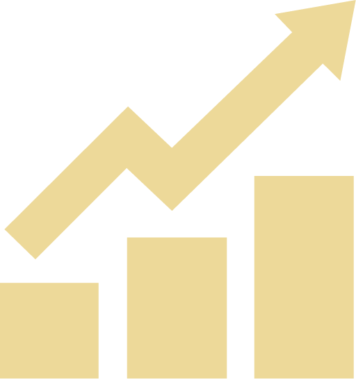A bar and line chart showing growth, with three beige bars increasing in height from left to right and a beige arrow trending upward above them.