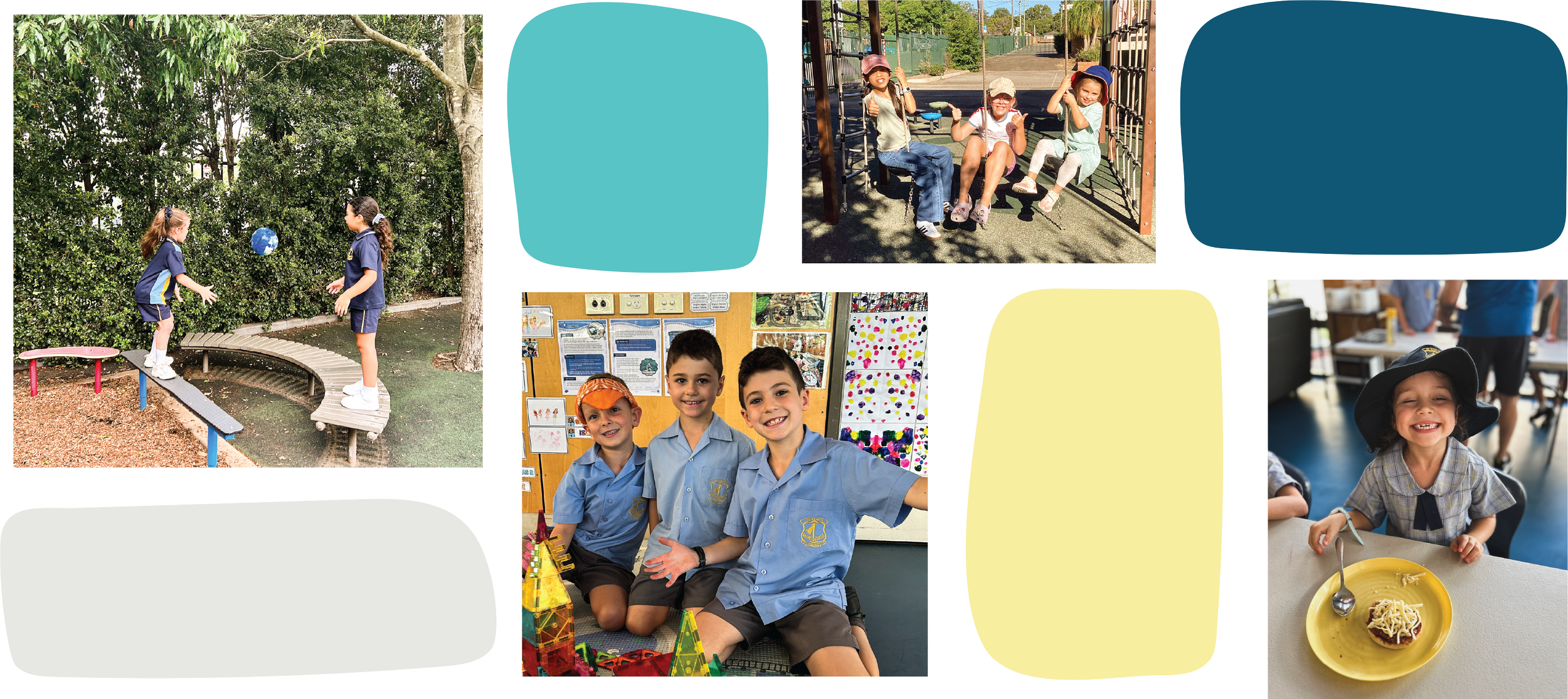 Children playing and smiling in an outdoor park, children on a playground, children school uniforms, children at a science display, children at a cafeteria with food.