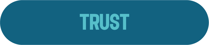 Blue oval button with the word 'TRUST' written in bold uppercase letters.