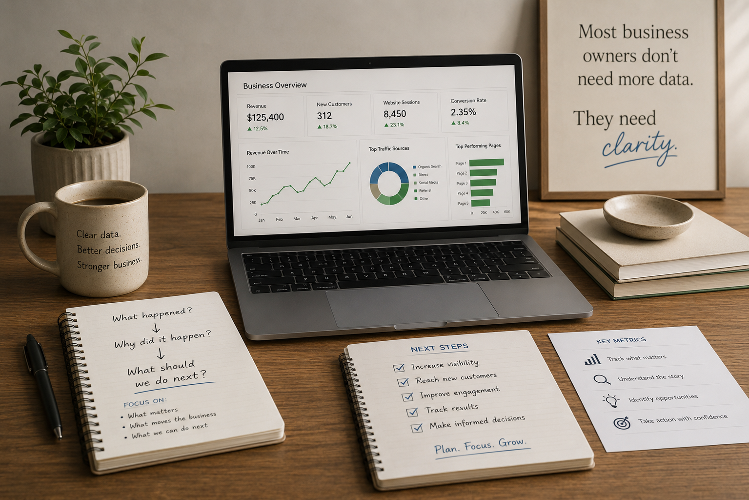 A workspace featuring a laptop displaying a business overview with graphs and statistics, a coffee mug with business-related text, a potted plant, notebooks, a small dish, and notes with goals and key metrics. A framed sign in the background reads, "Most business owners don't need more data. They need clarity."