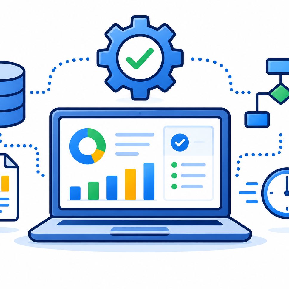 Digital illustration of a computer monitor displaying data charts, including a pie chart and bar graph, with icons of a gear with a checkmark, documents, and a clock around it, representing data analysis and processing.