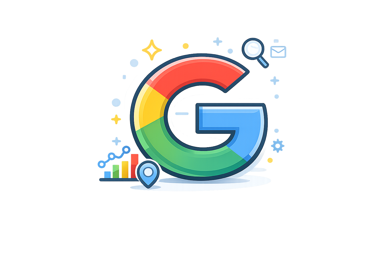 Google logo with digital icons and graph elements.