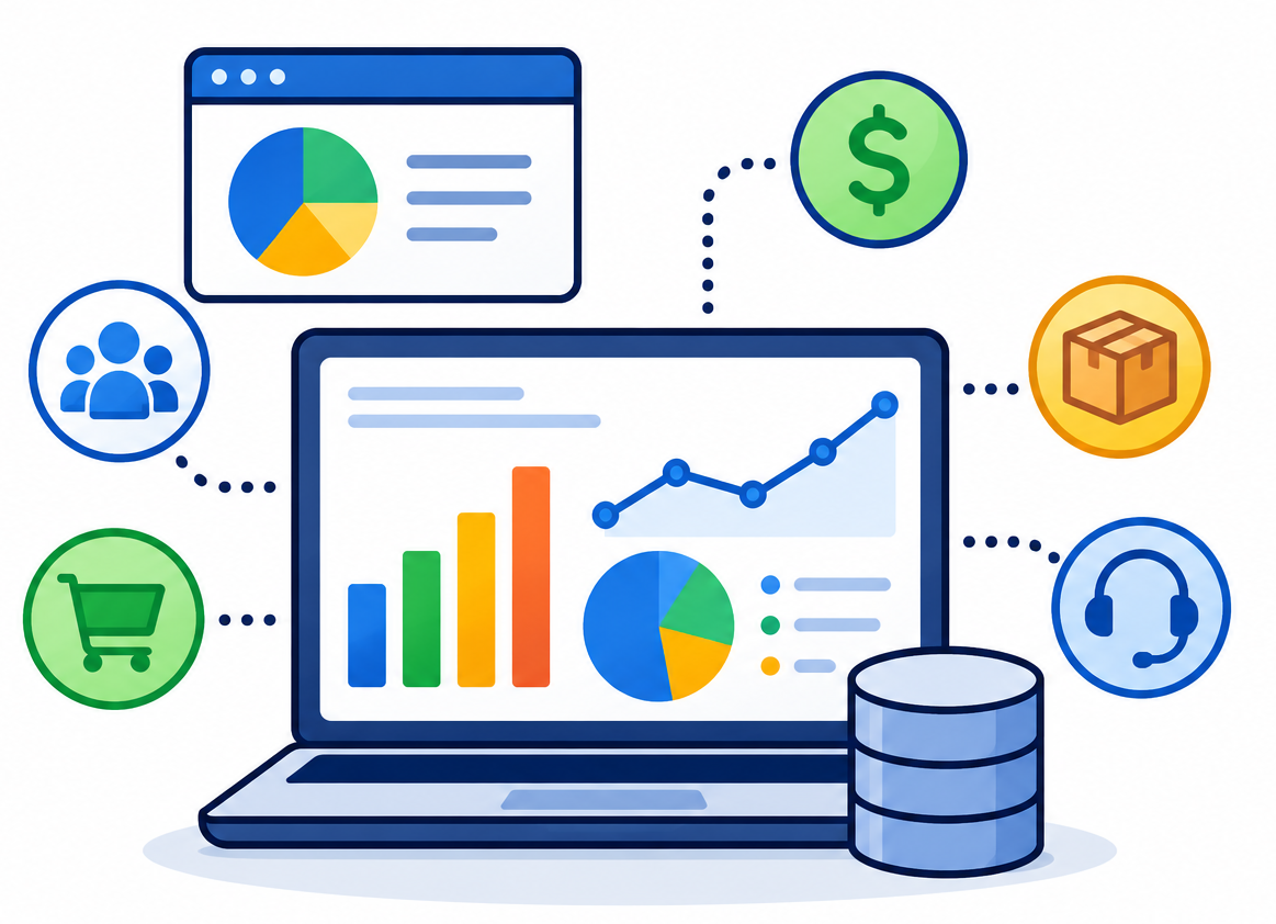 Digital marketing analytics with graphs, charts, and icons representing data, money, products, customers, support, and shipping.