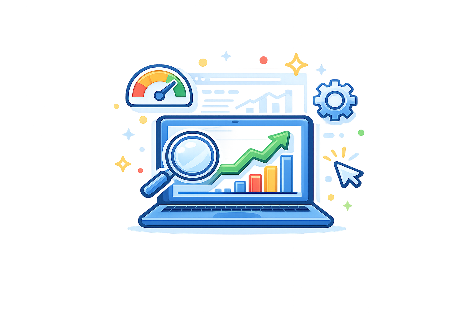 Digital illustration of a laptop with a magnifying glass and upward trending graph on the screen, surrounded by icons including a speedometer, gear, and cursor, representing data analysis and growth.