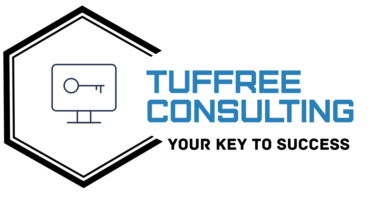 Logo for Tuffree Consulting with a computer monitor icon showing a key inside.