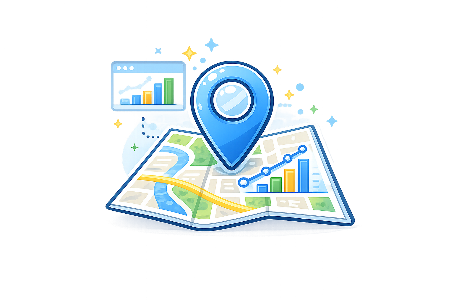 A digital illustration of a map with a large blue location pin, colorful charts, and graphs, representing navigation and data analytics.