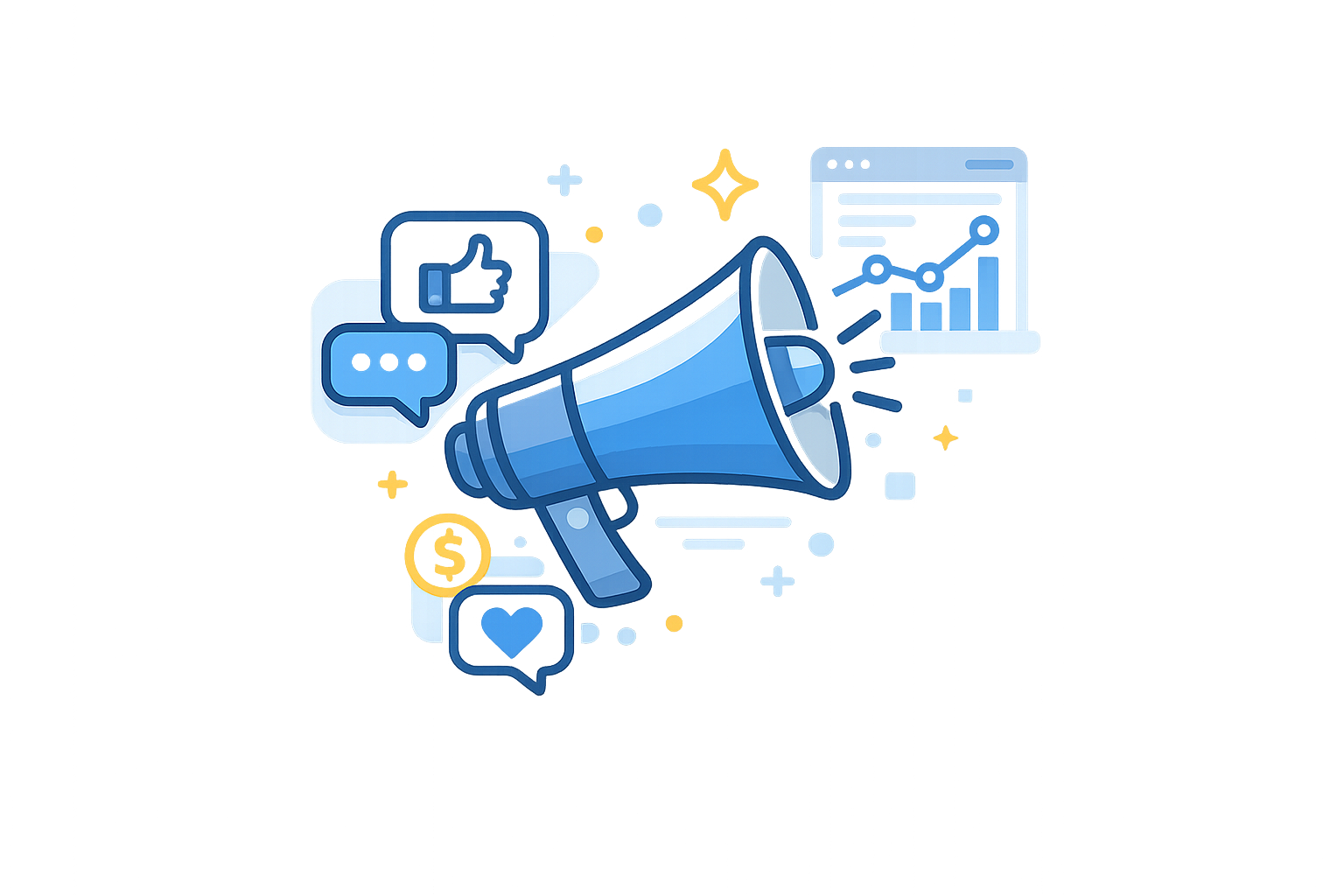 Digital illustration of social media marketing concepts including a megaphone, thumbs up, speech bubbles, heart icon, and line graph, representing online promotion and engagement.