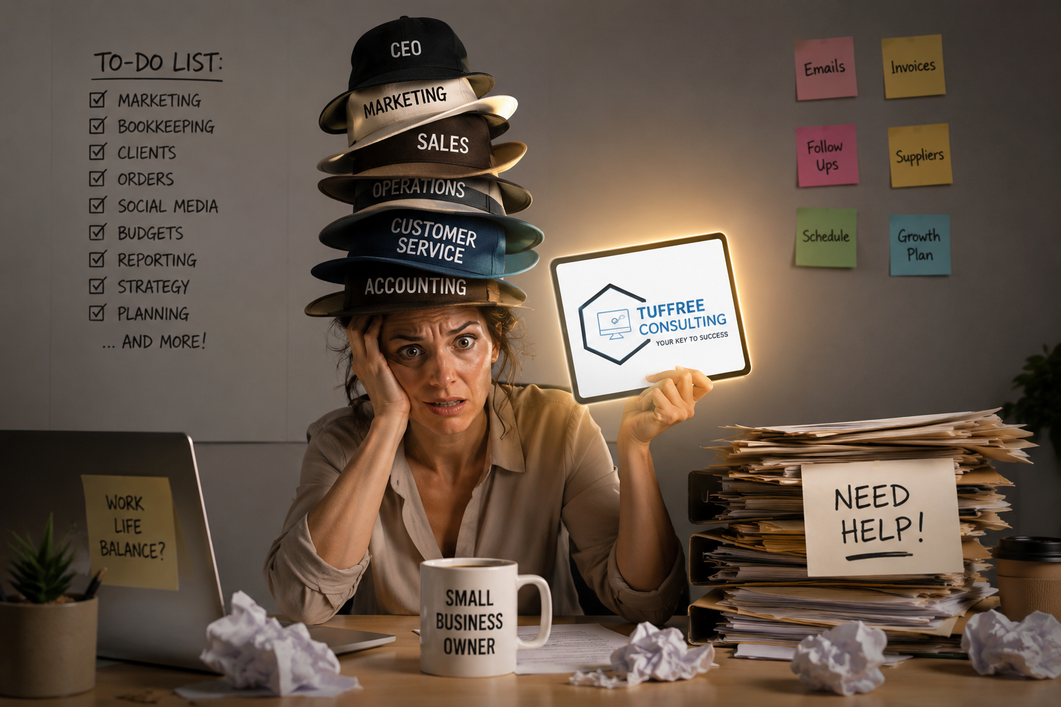 Overwhelmed woman with multiple business hats stacked on her head, sitting at cluttered desk, holding a tablet with a consulting logo, surrounded by papers, crumpled notes, and a coffee cup, with to-do list and sticky notes on the wall in the background.