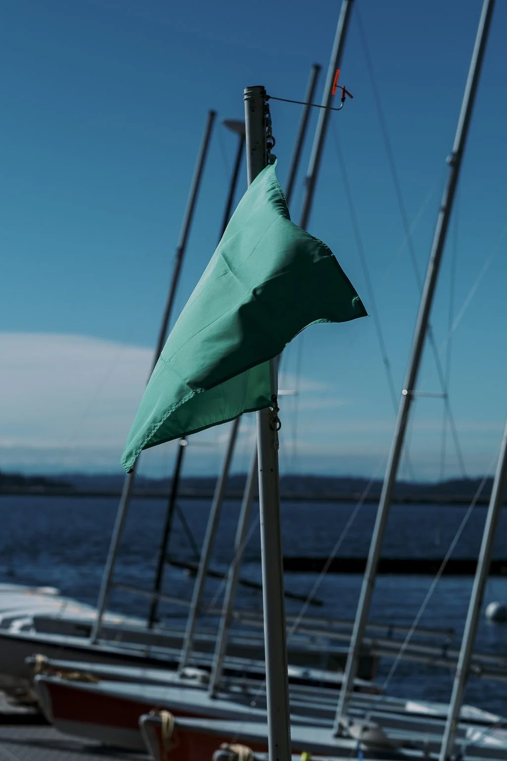 Green flag on a boat dock with sailboats in the background on a clear day.