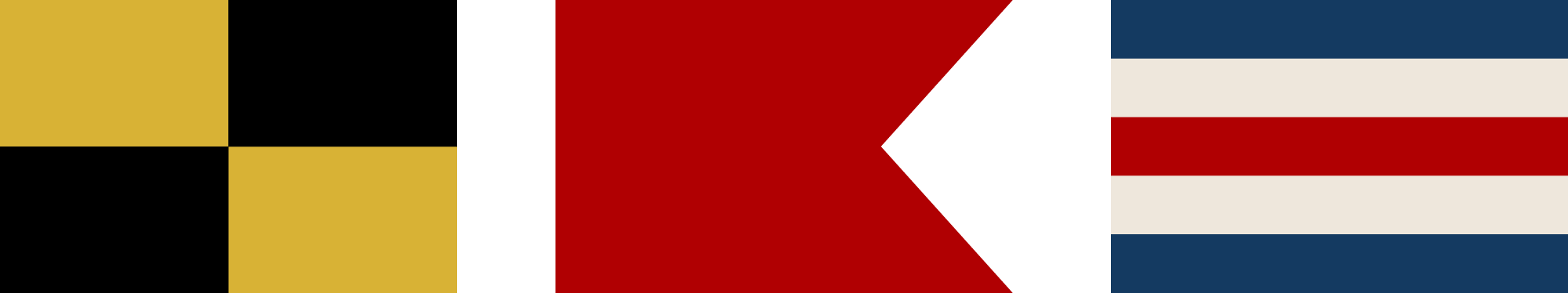 Abstract geometric design with black, gold, red, white, and blue horizontal stripes and triangles.