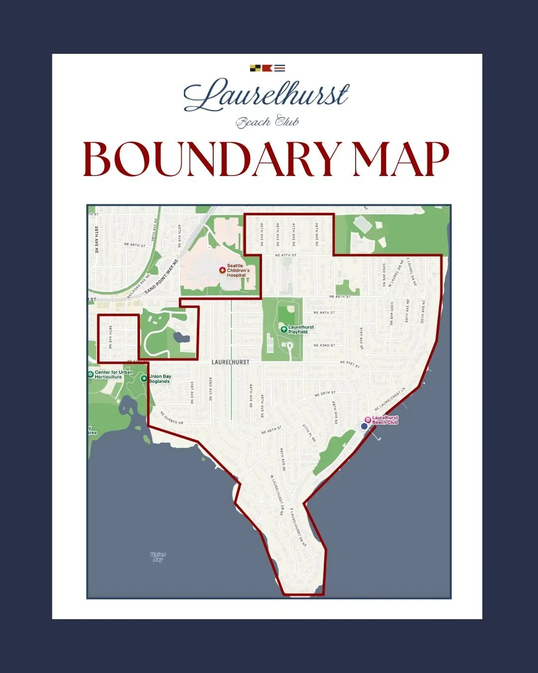 Map of the Laurelhurst Beach Club boundary in Seattle, showing streets, landmarks, and surrounding water.