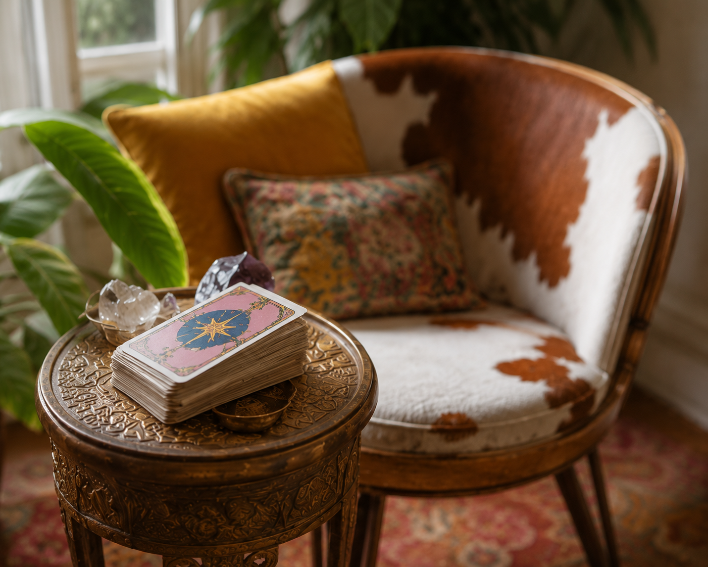 A cozy corner with a vintage cowhide upholstered armchair with a decorative pillow, next to a small carved wooden table holding a stack of tarot cards and crystals, in front of a window with natural light and green plants.