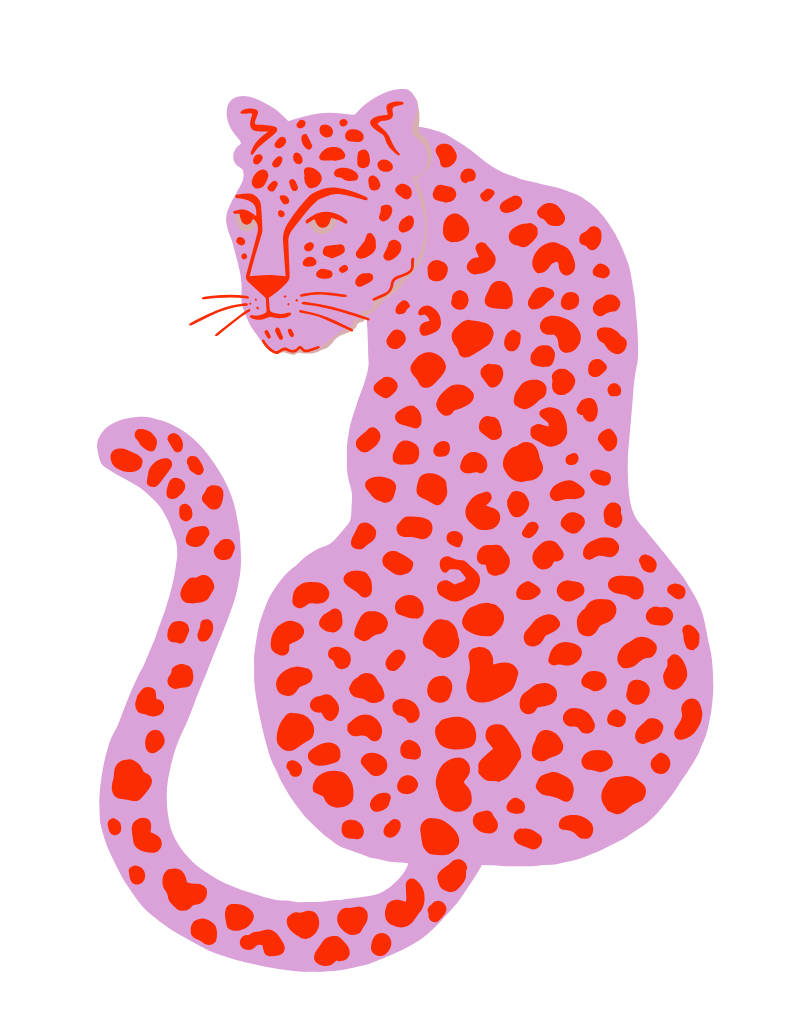 Stylized illustration of a leopard with purple fur and red spots, sitting on a black background.
