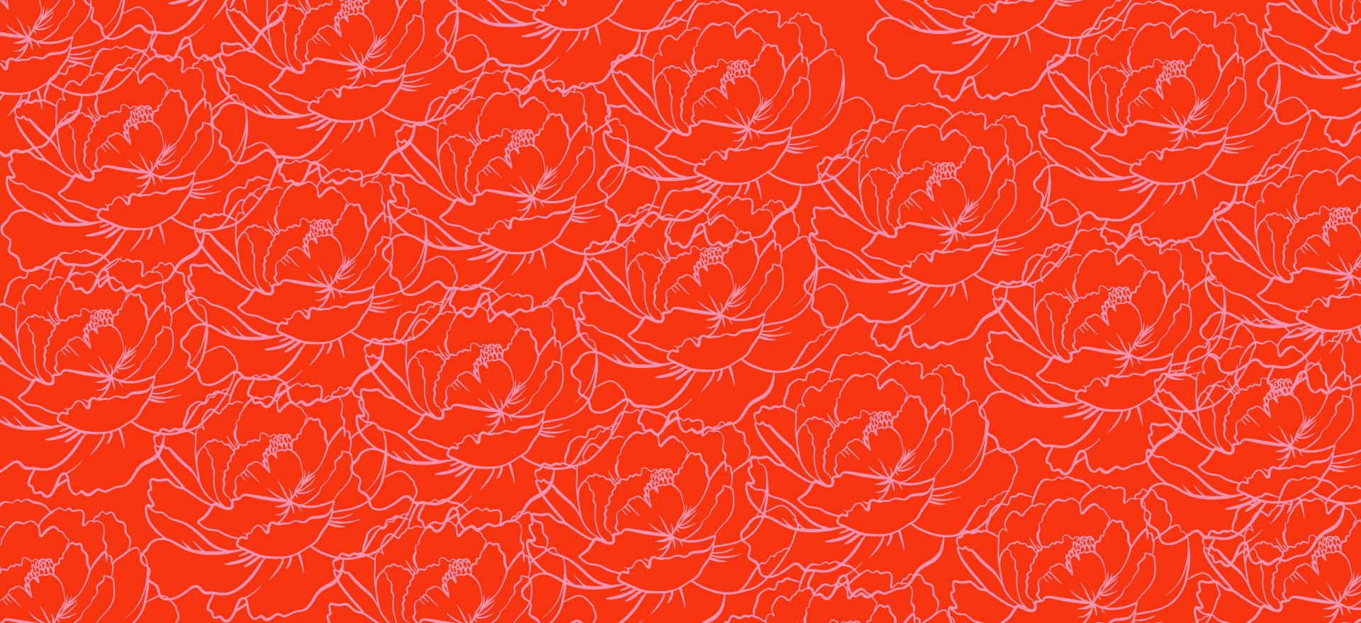 Red background with white line art floral pattern of blooming flowers.