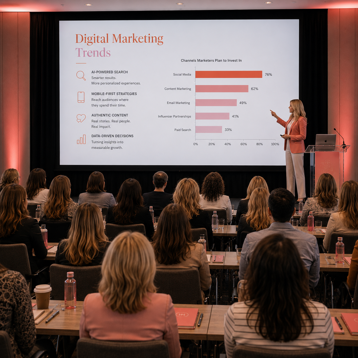 A woman presenting a PowerPoint presentation on digital marketing trends to an audience in a conference room. The slide shows statistics on marketing channels, with a bar chart highlighting percentages for social media, content marketing, email marketing, influencer partnerships, and paid search.