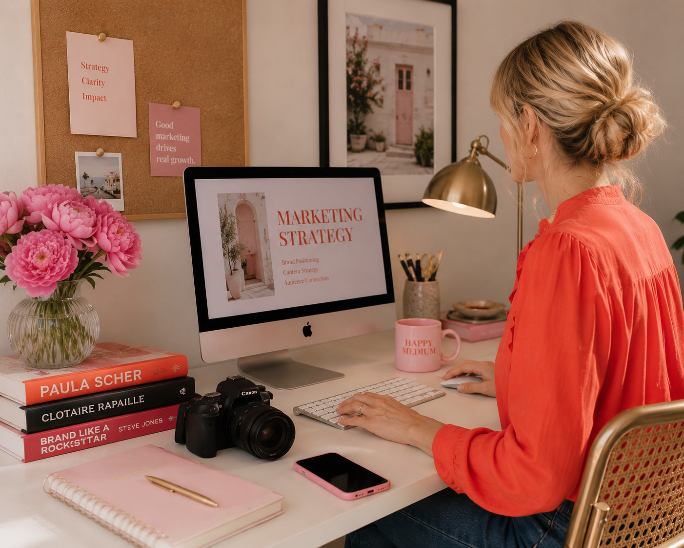 Woman in an orange shirt working on a marketing strategy presentation at her desk, with books, camera, notes, and a pink mug nearby, in a well-decorated home office.
