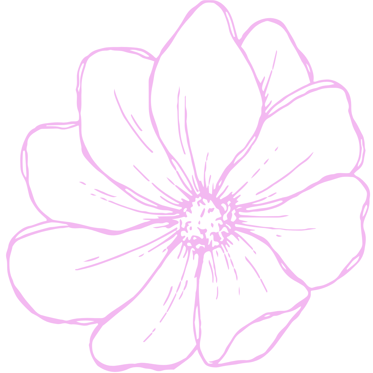 Outline drawing of a purple flower with multiple petals and a detailed center set against a black background.