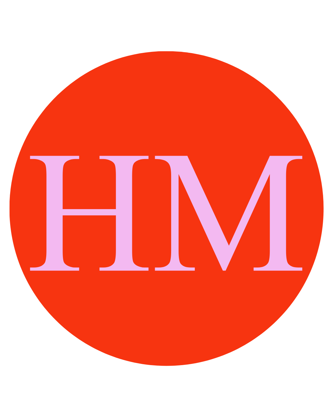 Red circle with large pink letters 'HM' in the center.