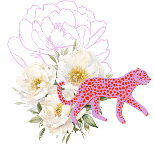 A digital illustration featuring a red leopard with blue spots, standing in front of white peony flowers with yellow centers and green leaves.
