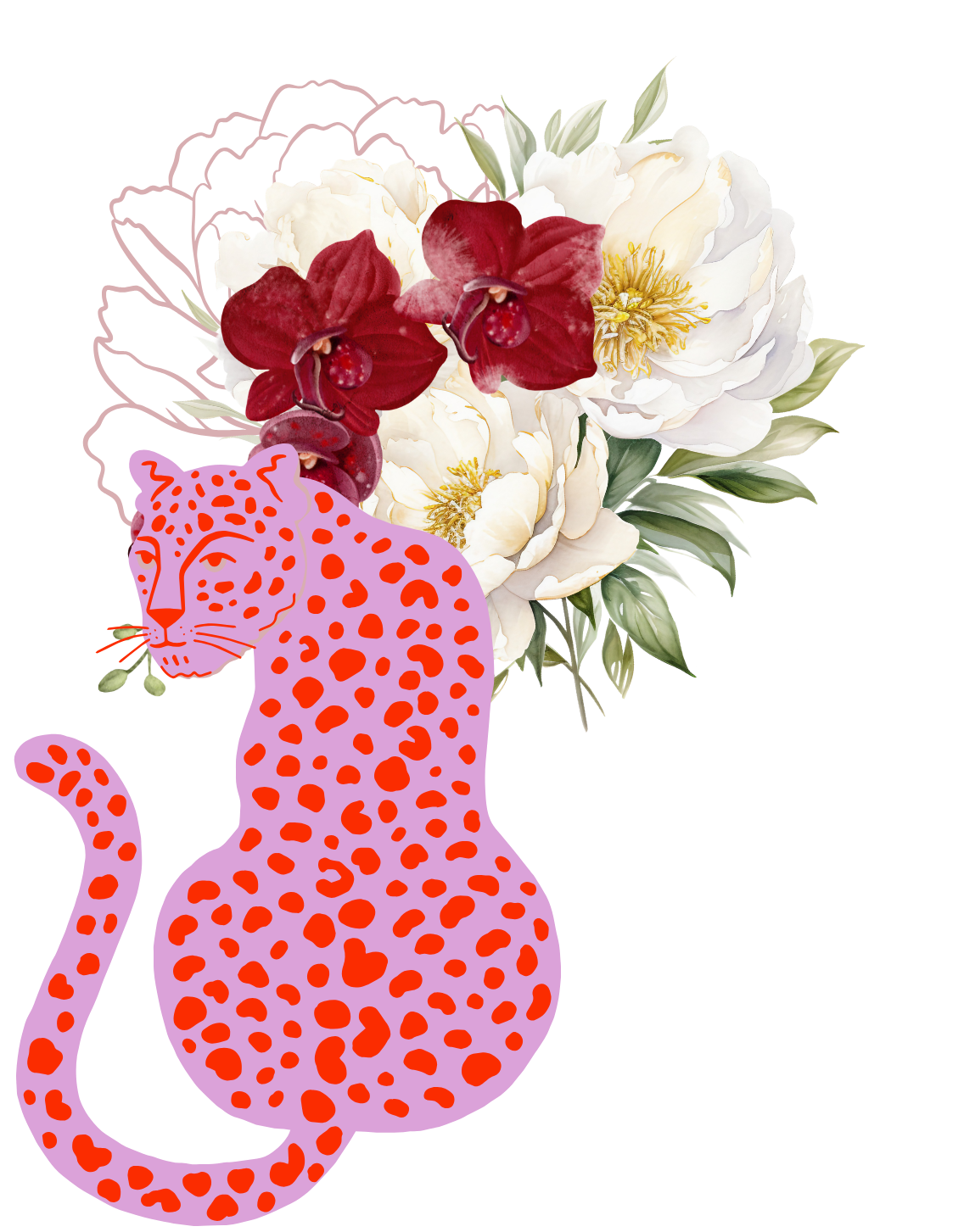 A bouquet of large white peonies and burgundy orchids with green leaves, overlaid with a stylized pink leopard print cat illustration.
